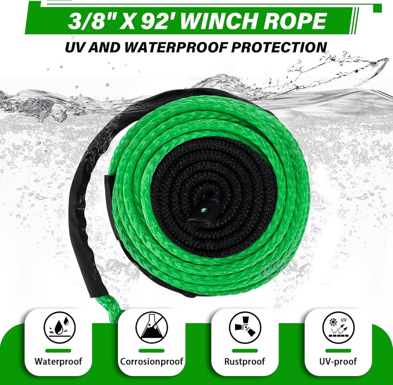 TYT Synthetic Winch Rope 3/8" X 92' with Hook, 27000LBS Synthentic Winch Cable Kit with Protective Sleeve for 4WD Off Road Vehicle Truck SUV Jeep (Green) - Image 2